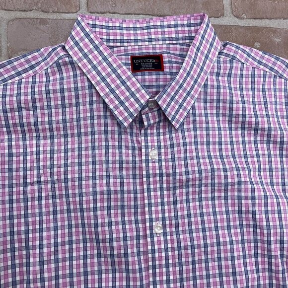 Untuckit Shirt Mens 2XLarge Purple‎ Blue Check Regular Cotton Wrinkle Free - Picture 2 of 11